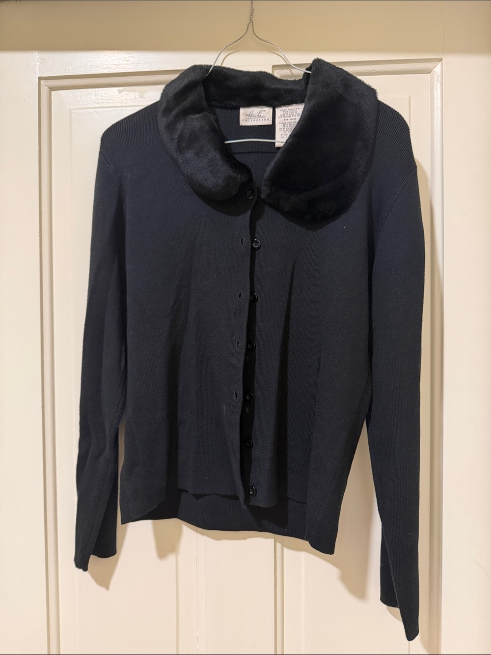 Kathie Lee Collection Black Faux-Fur Collar Cardigan